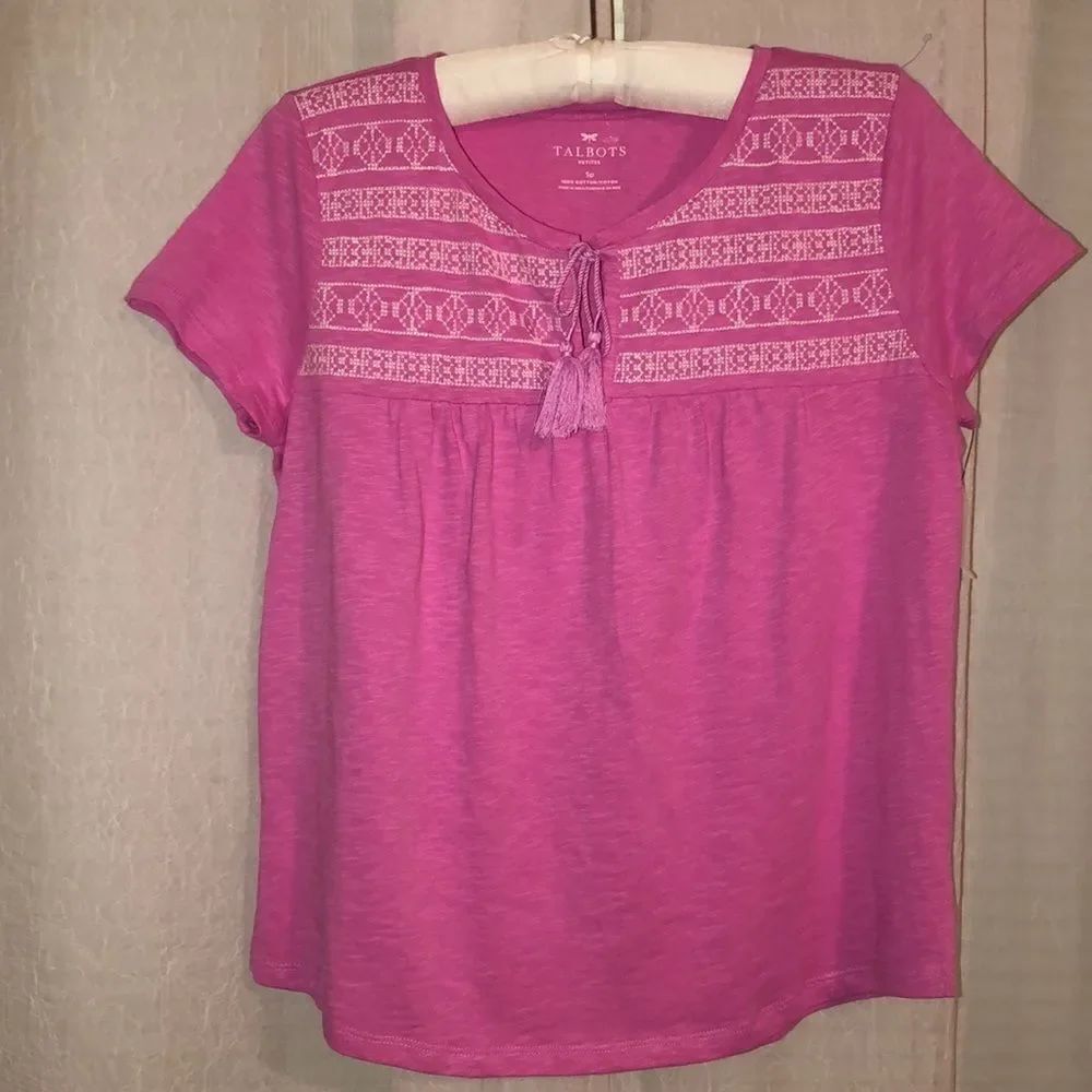 Talbots SP Pink White Cotton Embroidered Baby Doll Front Tie Short Sleeve Top